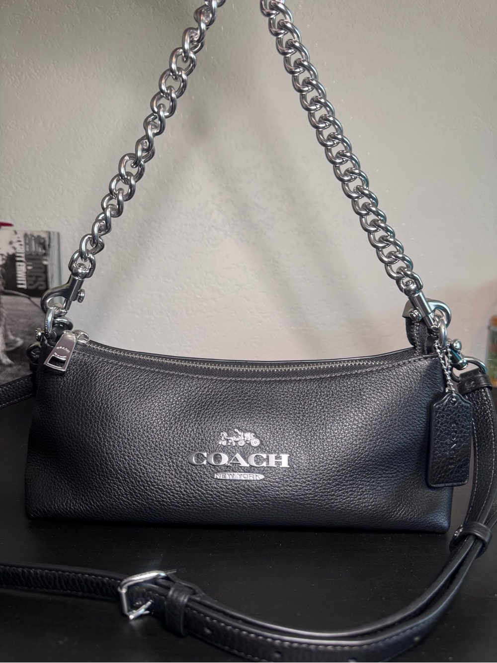 Coach Black Pebbled Leather Shoulder Bag with Silver Chain